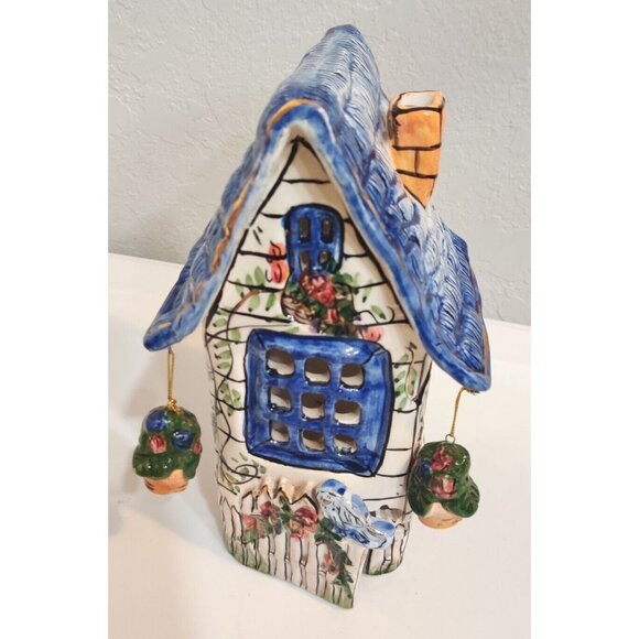 Blue Sky Heather Goldminc Tea light House Cottage Flower Blue Bird Candle Holder - Picture 1 of 16